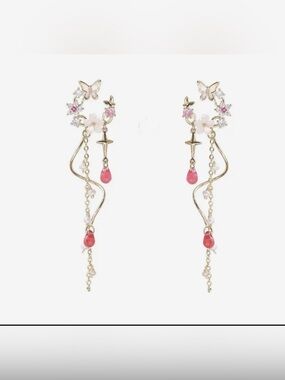 Gold Butterfly Drop Earrings with Pink Teardrop Accents